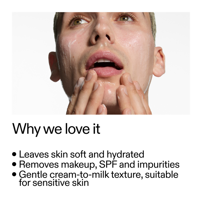 Person applying cream to face with text about product benefits