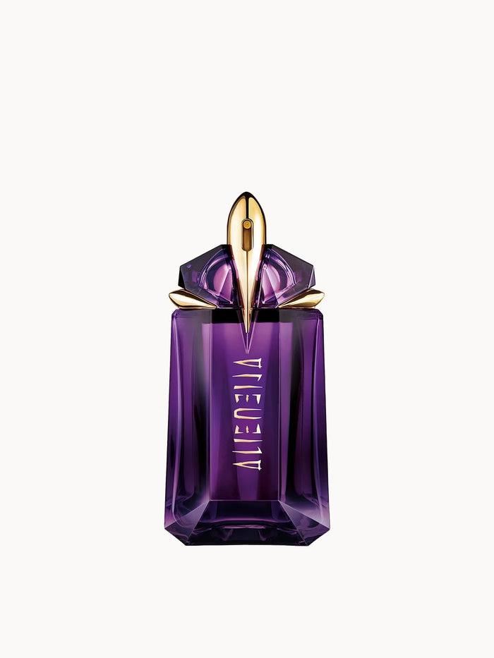 Mugler Alien Refillable EDP 60ml purple faceted bottle with gold cap, "Alien" text, on white background.