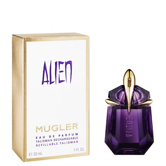 Mugler Alien Refillable Talisman EDP 30ml purple faceted bottle with gold cap beside white and gold box on white background