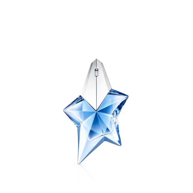Mugler Angel Refillable EDP 25ml star-shaped blue crystal bottle with silver spray top on white background