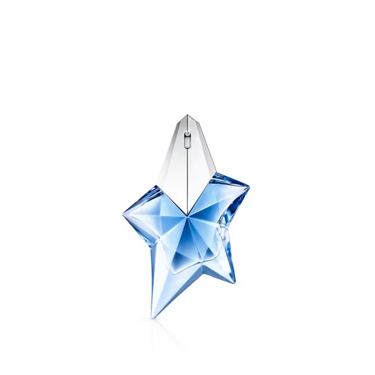 Mugler Angel Refillable EDP 25ml star-shaped blue crystal bottle with silver spray top on white background