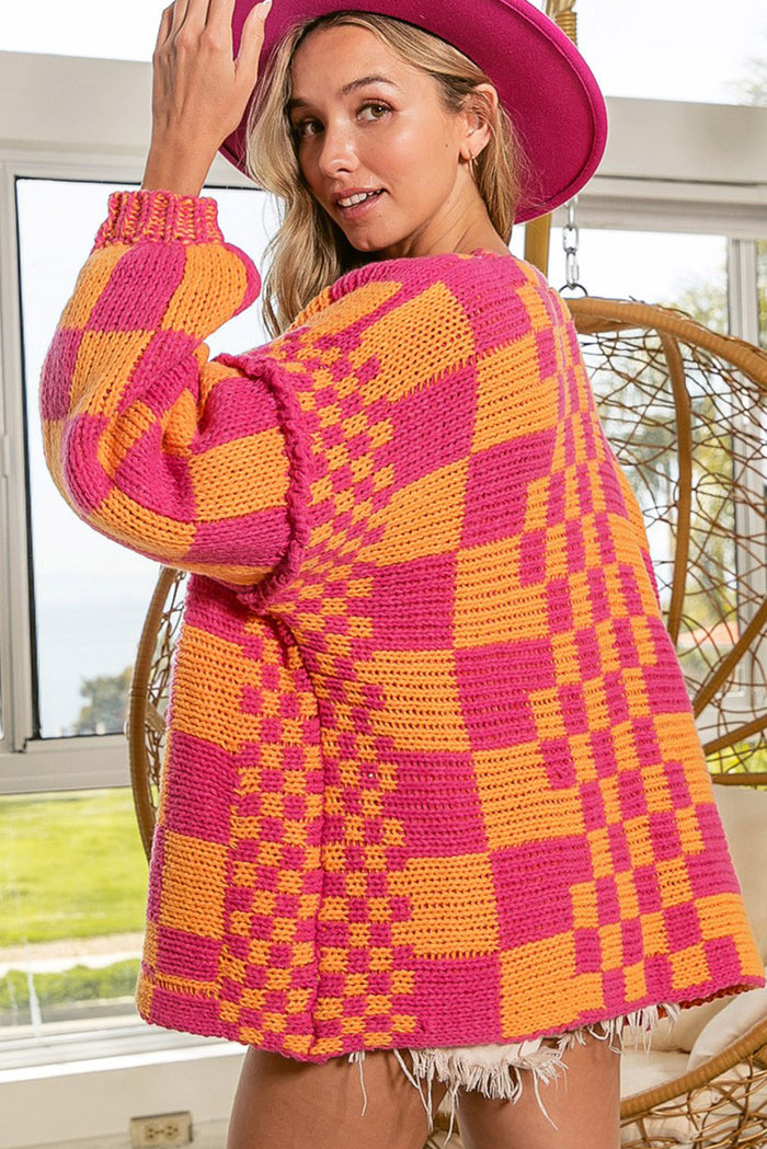 Multicolor Open Front Mixed Checkered Pattern Knit Cardigan 🇨🇳