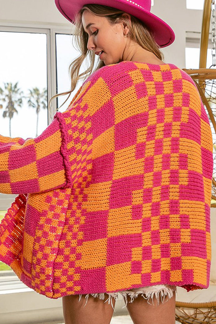 Multicolor Open Front Mixed Checkered Pattern Knit Cardigan 🇨🇳
