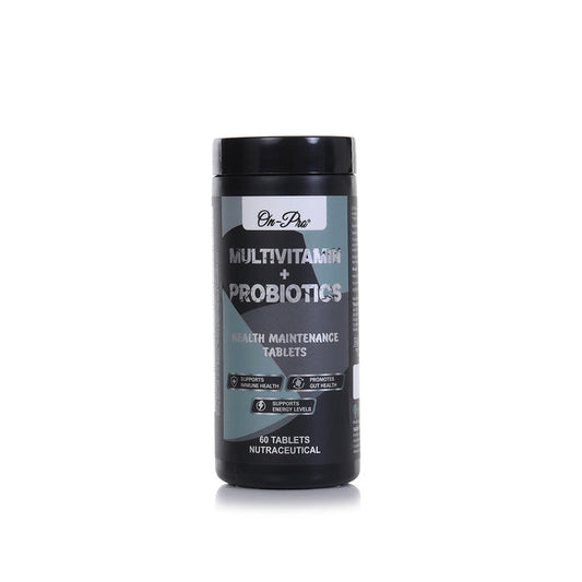 Multivitamin and probiotics supplement container on a white background