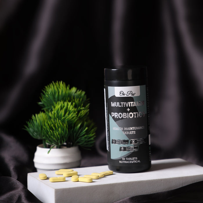 Multivitamin and probiotics supplement bottle with tablets on a dark background