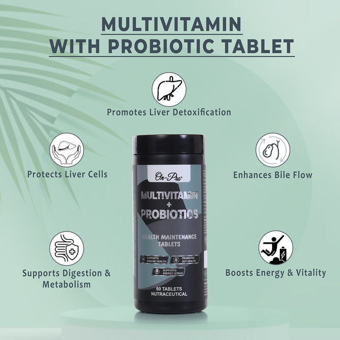 Multivitamin with probiotic tablet packaging on a light green background with icons and text.