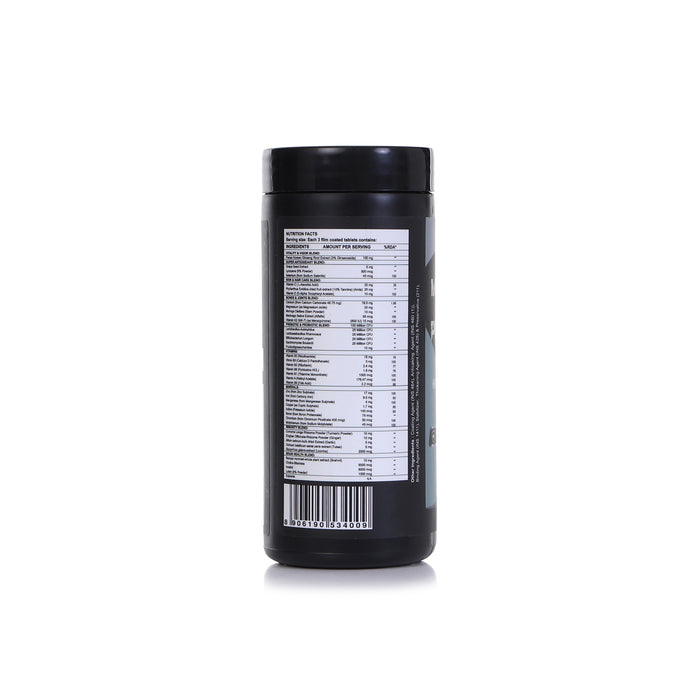 Black supplement container with nutritional information label on a white background