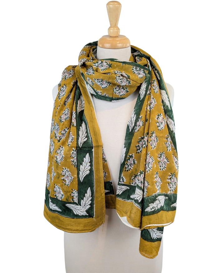 Mustard & Green Floral Block Print Cotton Sarong Scarf - Precious Sparkle