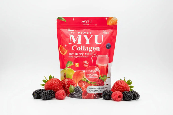 "MYU Collagen Mix Berry Vitamin C Plus supplement packaging front showing Thai fish collagen peptide beauty supplement with mixed berry and vitamin C for firmer, glowing skin"