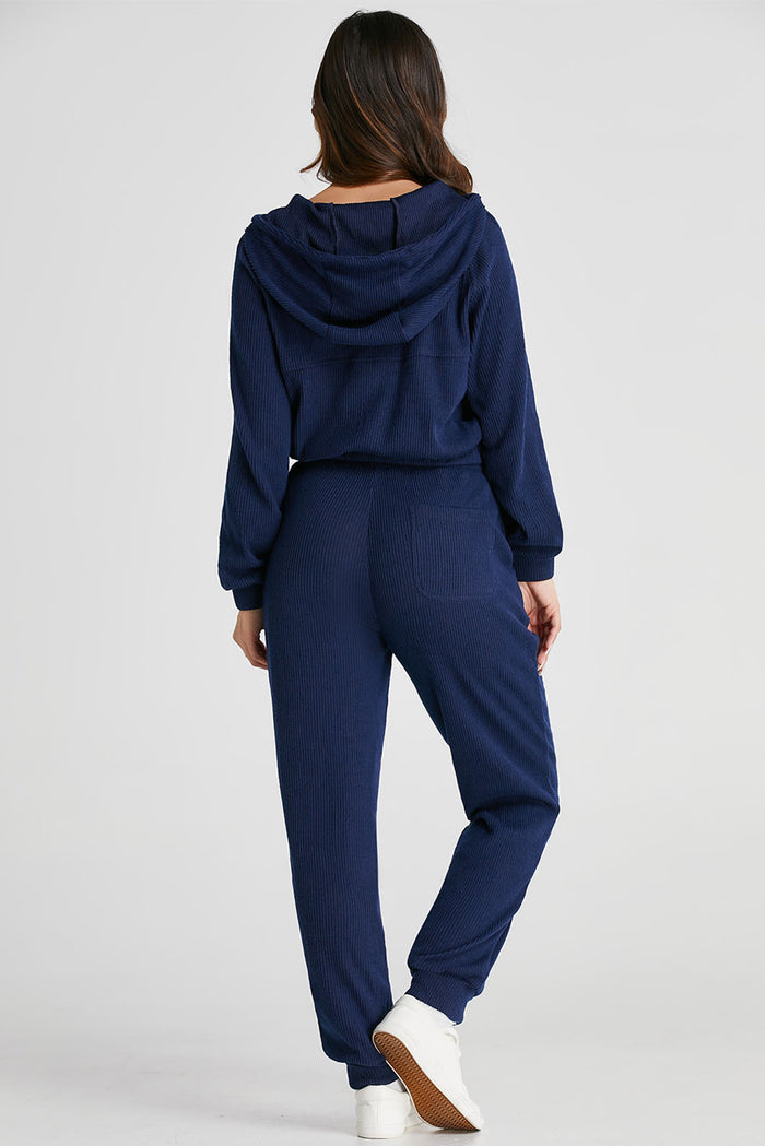 Navy Blue Ribbed Knit Cropped Hoodie and Drawstring Joggers Set 🇺🇲