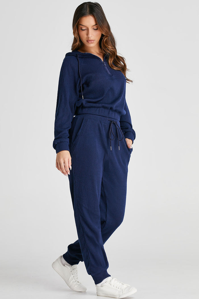 Navy Blue Ribbed Knit Cropped Hoodie and Drawstring Joggers Set 🇺🇲
