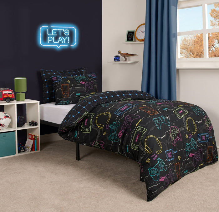Neon Gaming Check Reversible Duvet Cover Set 🇬🇧