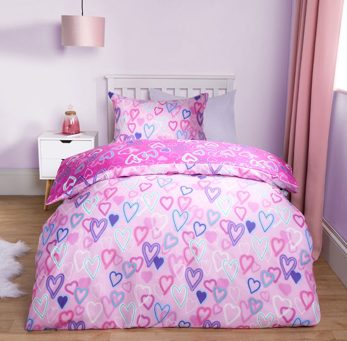 Neon Hearts Reversible Duvet Cover Set - Pink 🇬🇧
