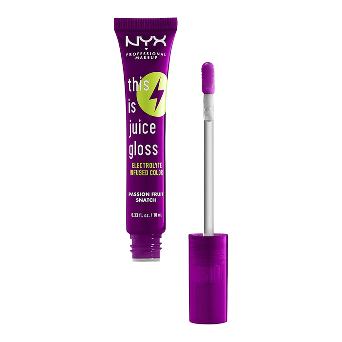 NYX This is Juice Gloss PASSION FRUIT TIJG06 open with applicator, showcasing glossy vegan shine and hydrating electrolyte-infused formula