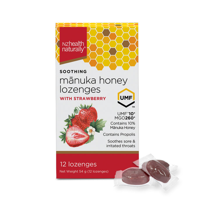 NZ Health UMF 10+ Manuka Honey Kids Lozenges Strawberry - Soothes Sore Throat with Propolis Natural & Safe - 12s NZ Health