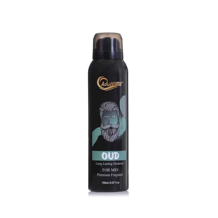 Black deodorant spray bottle with a beard illustration on a white background