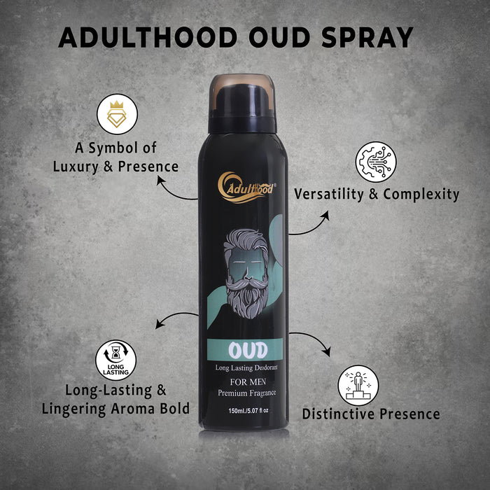 Adulthood Oud spray bottle with features highlighted on a gray background
