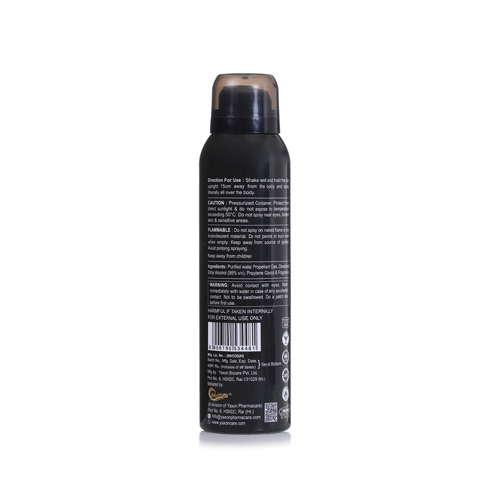 Black deodorant spray can with text and a barcode on a white background