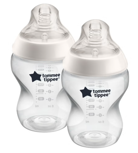 Pack Of 2 Closer To Nature Baby Feeding Bottles With Anti-Colic Valve, Slow-Flow, 0 Months +, 2 X 260 ML, Clear Tommee Tippee