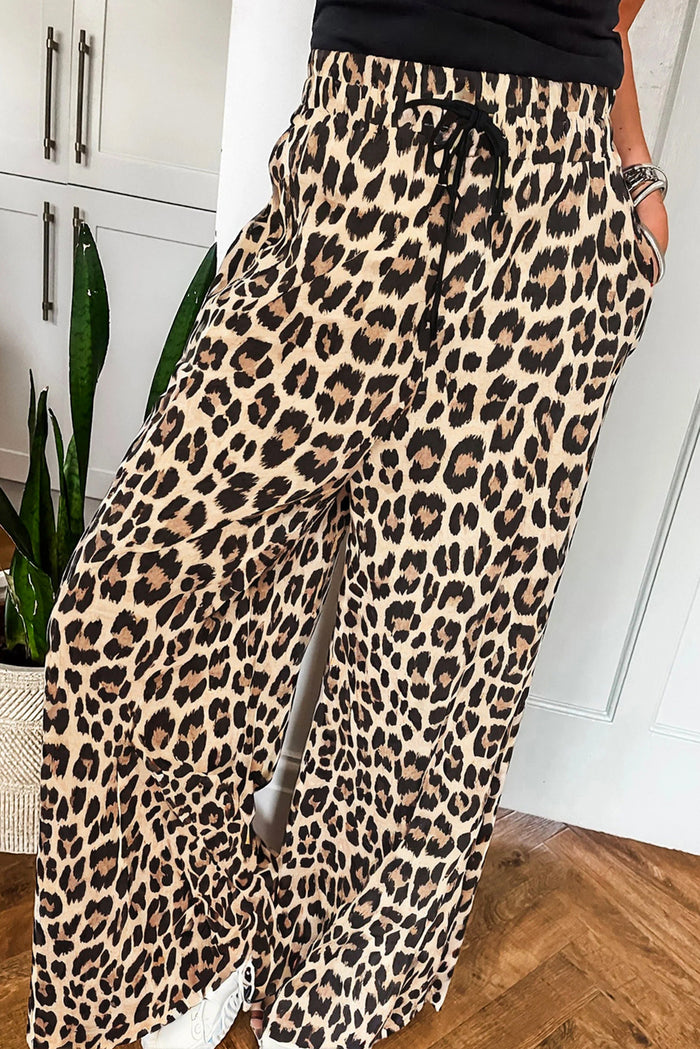 Parchment Leopard Drawstring Flowy Wide Leg Pants 🇨🇳