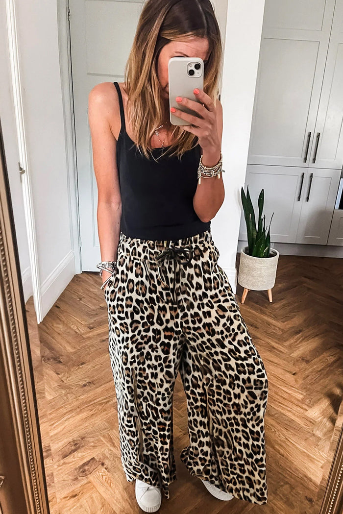 Parchment Leopard Drawstring Flowy Wide Leg Pants 🇨🇳