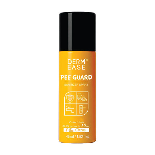 Derm Ease Pee Guard sanitizer spray bottle on a white background