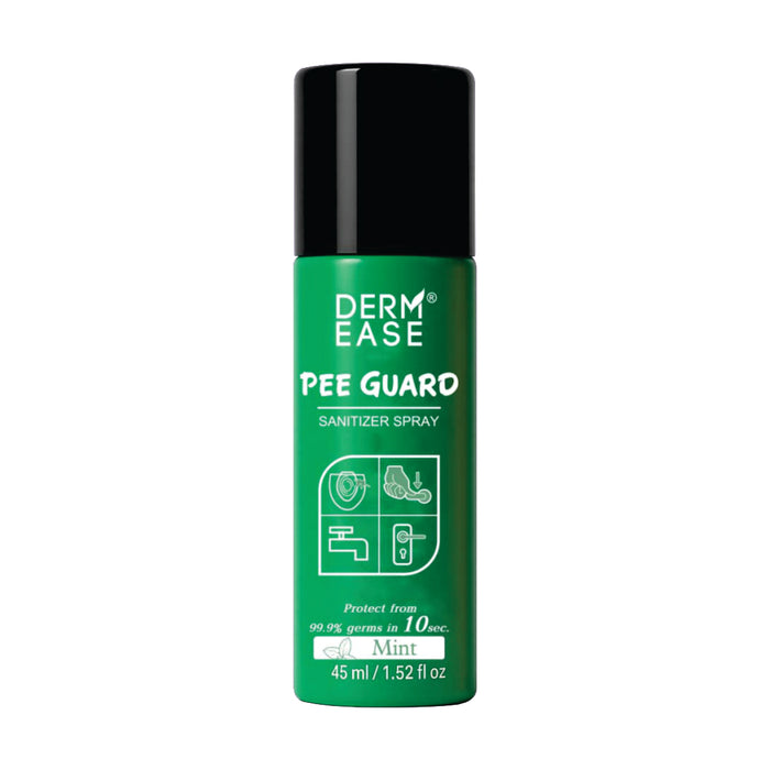 Green spray bottle labeled 'DermEase Pee Guard' on a white background