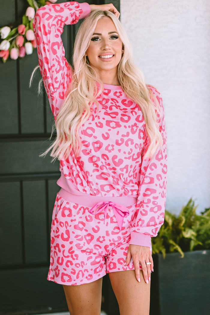 Pink Leopard Long Sleeve Satin Tie Shorts Two Piece Set 🇺🇸