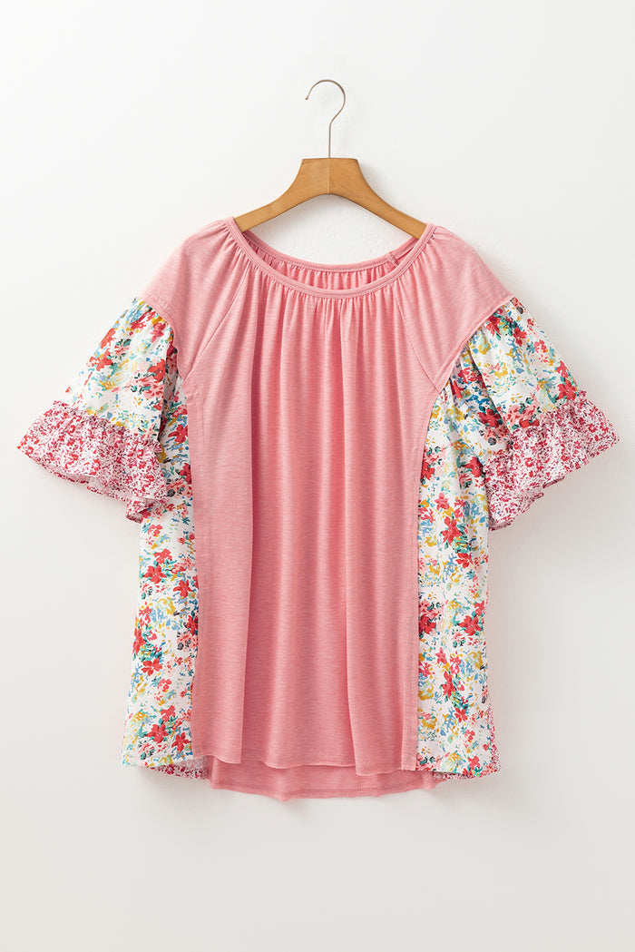 Pink Plus Size Floral Patchwork Ruffled Short Sleeve Blouse 🇨🇳