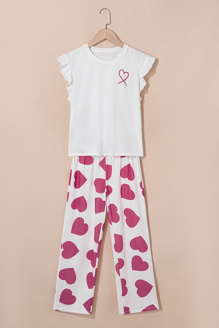 Pink Ruffled Tank Top And Heart Print Pants Lounge Set 🇺🇸
