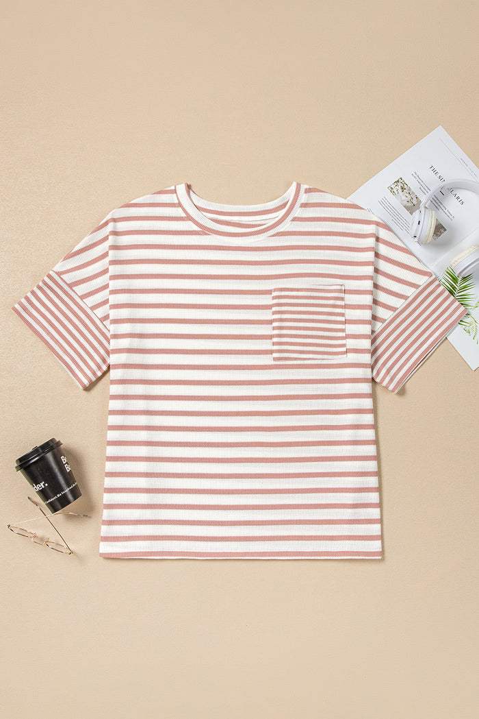 Pink Stripe Waffle Knit Pocketed Half Sleeve Plus Size T Shirt 🇨🇳