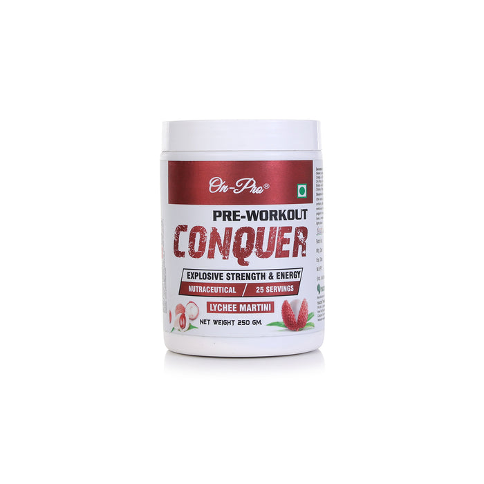 Pre-workout supplement container labeled 'Conquer' on a white background