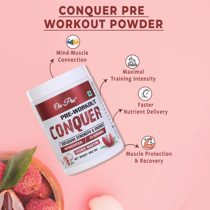 On-Prep Conquer pre-workout powder packaging with features on a pink background
