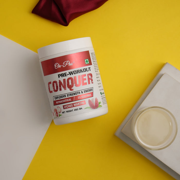 Pre-workout supplement container labeled 'Conquer' on a yellow background
