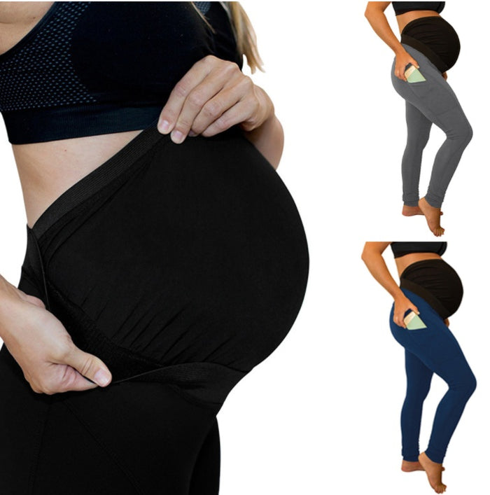 pure color panel long and high waist side pocket Maternity Pants 🇨🇳