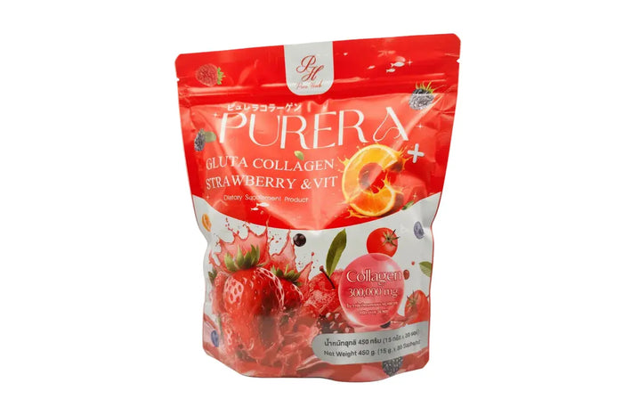 "Purera Gluta Collagen Strawberry & Vitamin C supplement packaging front showing Thai beauty supplement with glutathione and collagen for brighter, firmer skin"