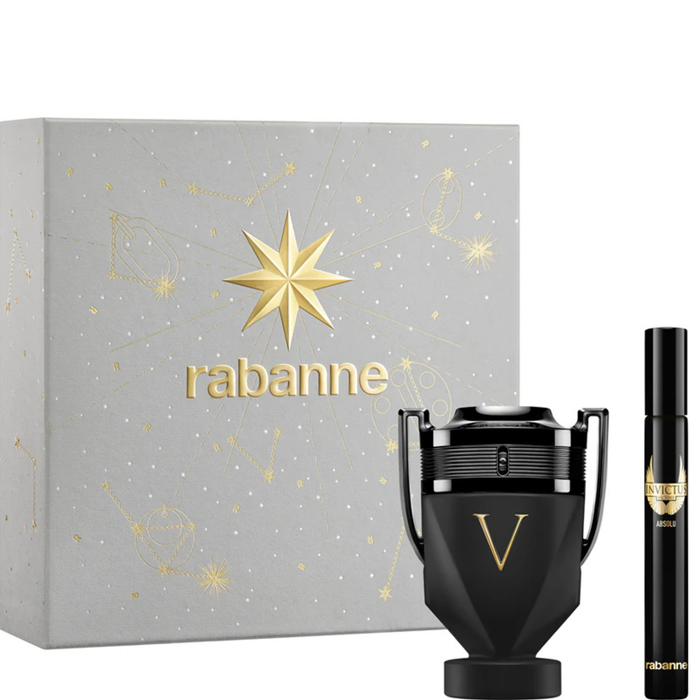 Rabanne Invictus Victory Absolu gift set with black trophy bottle and travel spray on grey star-print box, white background