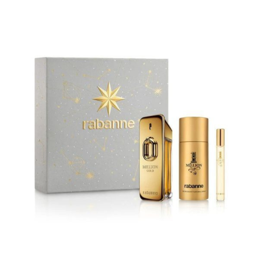 Rabanne Million Gold Intense gift set with grey star-print box, gold EDP bottle, deodorant spray, and mini spray on white background.