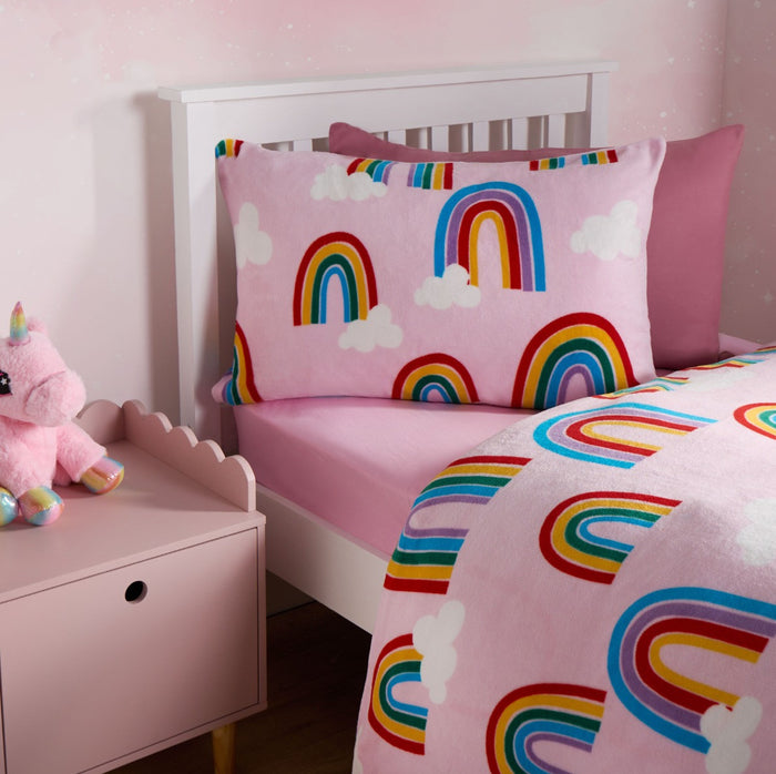 Rainbow Print Fleece Duvet Set, Pink - Single 🇬🇧