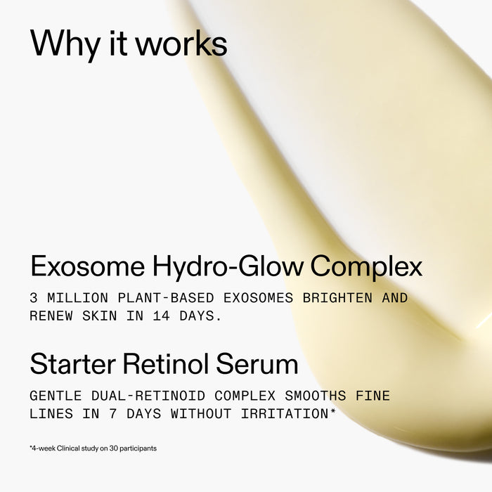 Exosome Hydro-Glow Complex and Starter Retinol Serum with text on a white background.