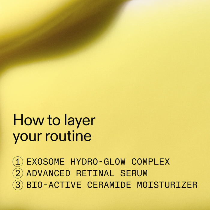 Text on a yellow background about layering a skincare routine with products like Exosome Hydro-Glow Complex, Advanced Retinal Serum, and Bio-Active Ceramide Moisturizer.