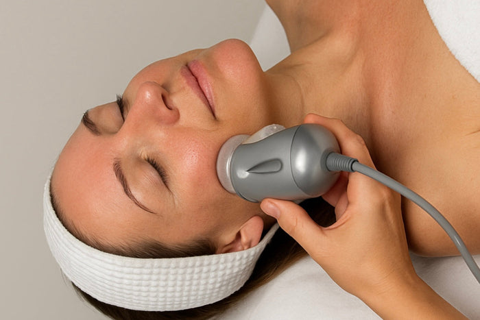 Woman receiving a facial treatment with a handheld device on a neutral background