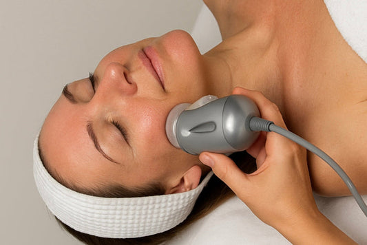 Woman receiving a facial treatment with a handheld device on a neutral background