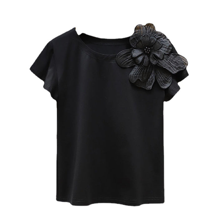 Round Neck Three-dimensional Flower Decoration Fashion Ruffle Sleeve Loose Slim Top 🇨🇳