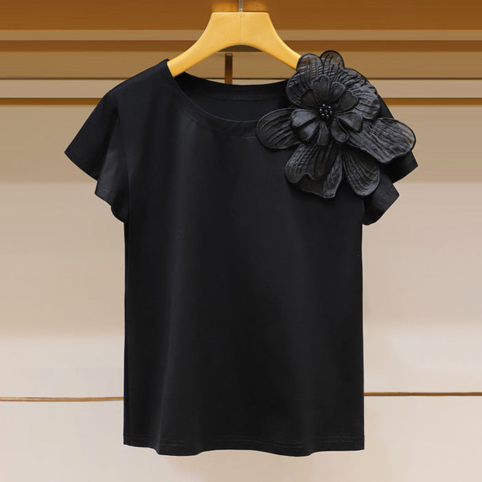 Round Neck Three-dimensional Flower Decoration Fashion Ruffle Sleeve Loose Slim Top 🇨🇳