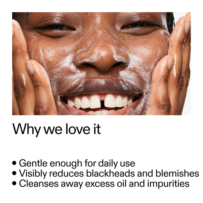 Person applying Salicylic Acid Cleanser with text highlighting product benefits