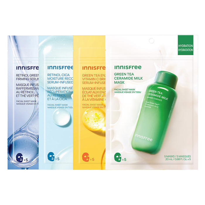Serum-Infused Sheet Mask 5 Pack Packshot featuring Green Tea PDRN™ Firming, Retinol Cica, Vitamin C, Green Tea Ceramide MIlk