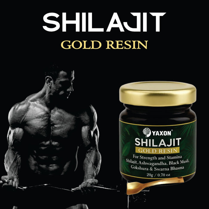 Yaxon Shilajit Gold Resin jar with a muscular figure on a black background