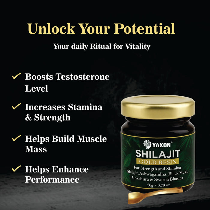 Yaxon Shilajit Gold Resin jar with promotional text on a dark background