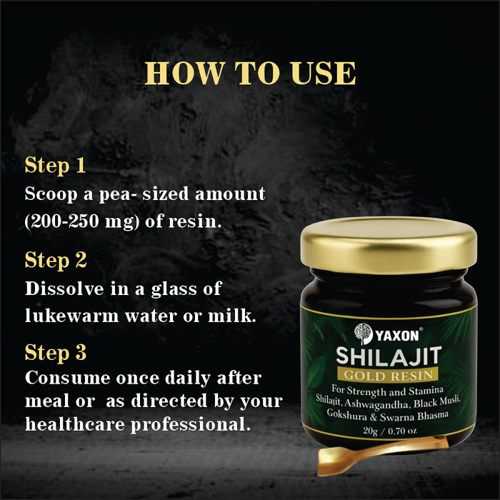 Yaxon Shilajit Gold Resin jar with usage instructions on a dark background